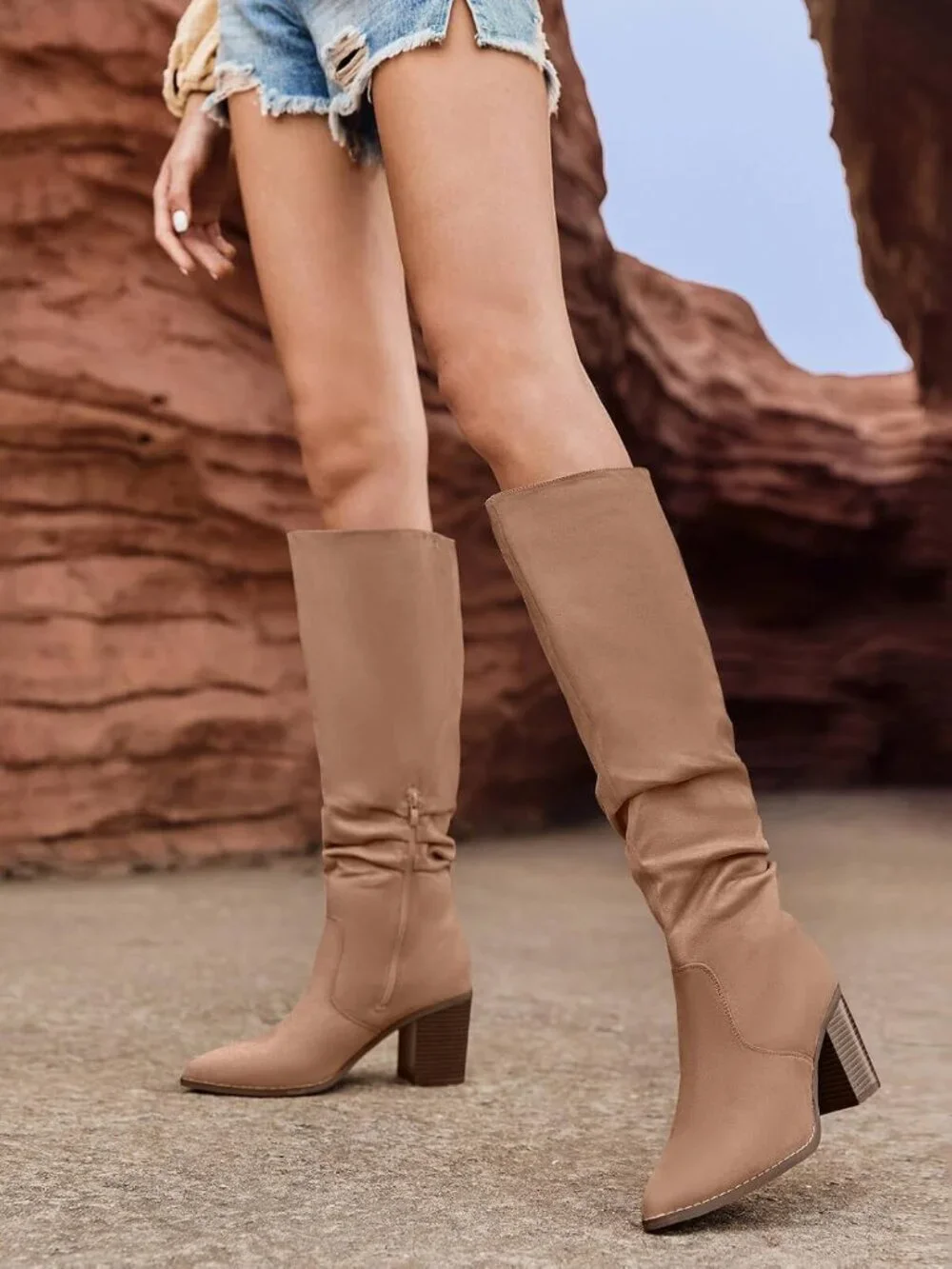 Women's Khaki Pointed Toe Mid Chunky Heel Side Zipper Over The Knee Boots